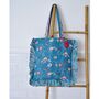 Block Printed Blue And Pink Floral Quilted Ruffle Tote Bag, thumbnail 3 of 4