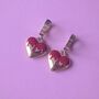 Red Drip Enamel Heart Huggies In Stainless Steel, thumbnail 1 of 3