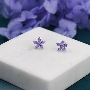 Amethyst Purple Forget Me Not Flower Cz Stud Earrings, 3 of 10