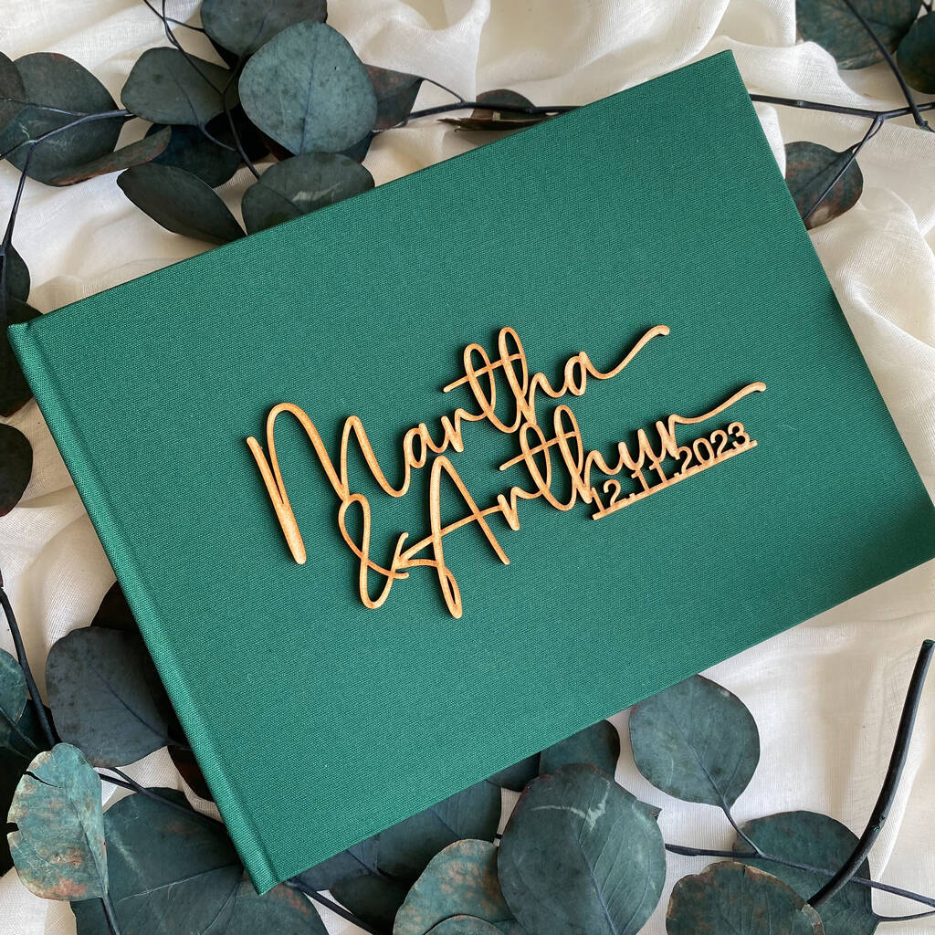 Linen Cover Wedding Guest Book With Wooden Text By Looppa