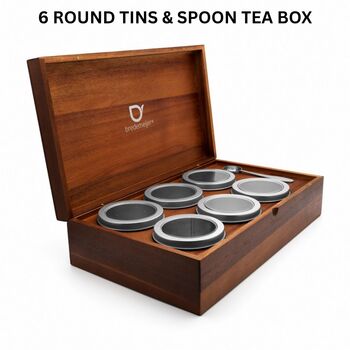 Tea Box In Acacia Wood + Six Aluminium Tins And A Spoon, 2 of 3