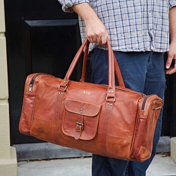 Personalised Brown Leather Holdall With Zipped Pockets, 5 of 12
