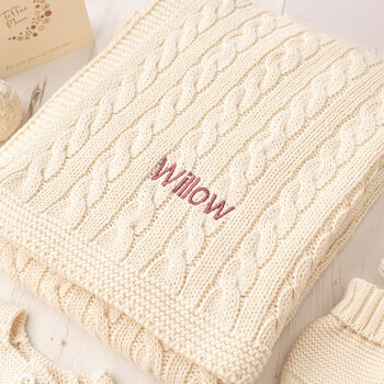 Personalised Unisex White Luxury Baby Cable Blanket, 2 of 12
