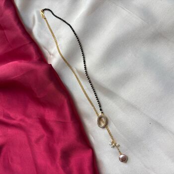 Half Black Bead Gold Plated Oval Pearl Y Shape Lariat Mangalsutra, 5 of 5