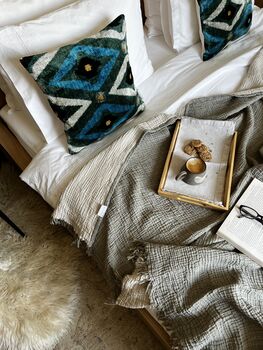 Square Velvet Ikat Cushion Blue Green And Black Diamond, 4 of 9