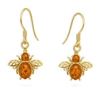 Gold Plated Sterling Silver Baltic Amber Bee Drop Earrings – 15mm, 4 of 5