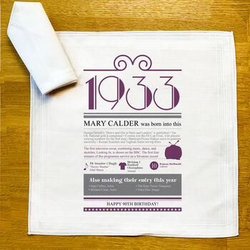 Personalised 90th Birthday Gift 1933 Handkerchief Pair, 9 of 12
