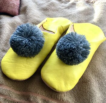 Grey Pompom Yellow Leather Babouches, 3 of 3