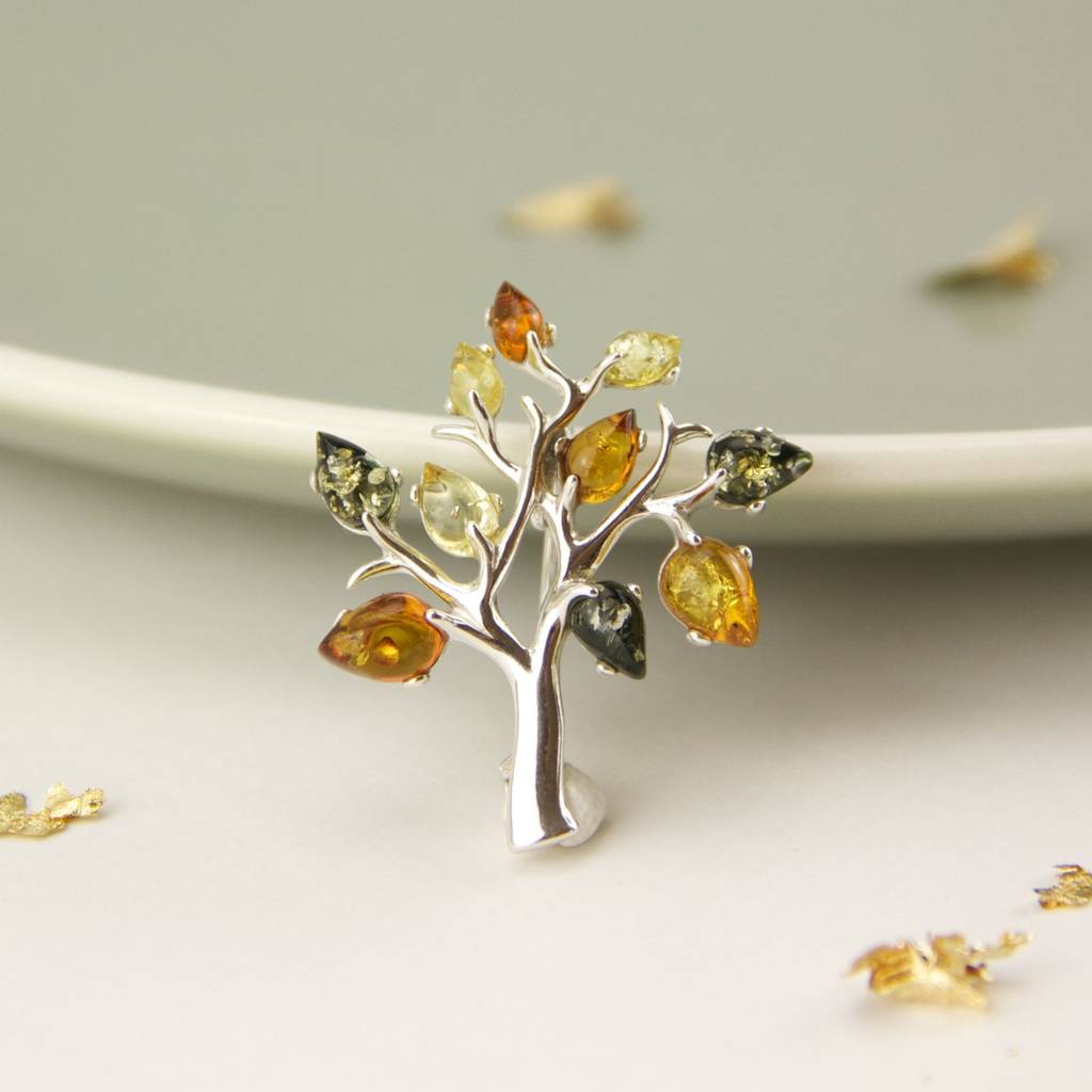 Sterling Silver Brooch Mixed amber tree-of-life Brand New
