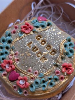 Hand Iced Personalised Good Luck Horseshoe Biscuit Gift, 2 of 3