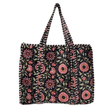 Black And Pink Flower Cotton Quilted Shoulder Bag With Zip, 2 of 7