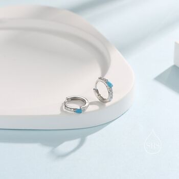 Tiny Pear Shape Cz Blue Turquoise Huggie Hoops, 6 of 10