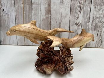Hand Carved Wooden Dolphin Pair Sculpture Ornament, 9 of 12