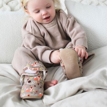 Dotty Fish Woodland Cotton Baby Booties With Fleece Lining And Barefoot Soles, 2 of 8