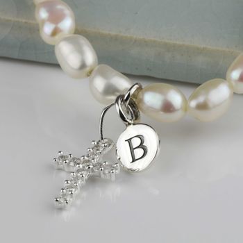 Personalised Freshwater Pearl Silver Cross Bracelet, 3 of 4
