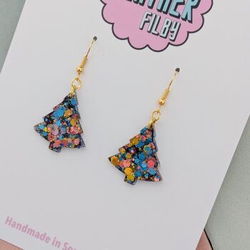 Small Dark Blue, Gold And Pink Glitter Christmas Tree Earrings, 3 of 4