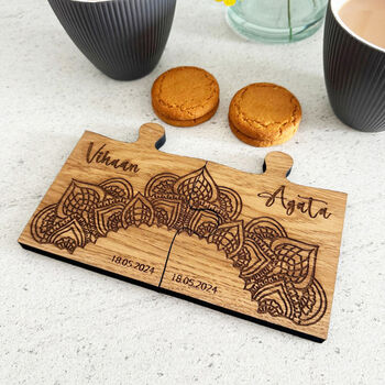 Oak Veneer Personalised Jigsaw Coasters Hindu Design, 7 of 7