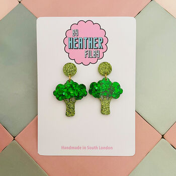 Small Broccoli Green Glitter Resin Earrings / Vegan Lifestyle Gift Healthy Eating Jewellery / Whimsical Nature Lover Gift / Gift For Gardeners Allotment Statement / Eat Your Greens Gift Funny Best Friend Birthday Gift, 2 of 5