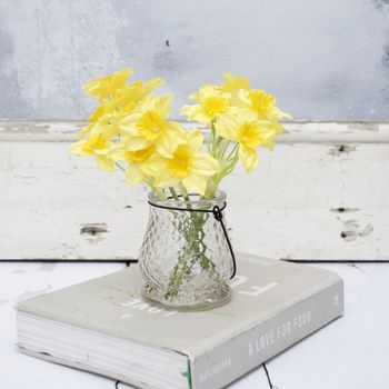 Faux Daffodils In Glass Vase, 4 of 10