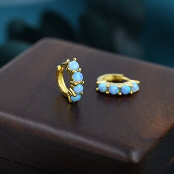Sterling Silver Blue Opal Huggie Hoops, 2 of 10