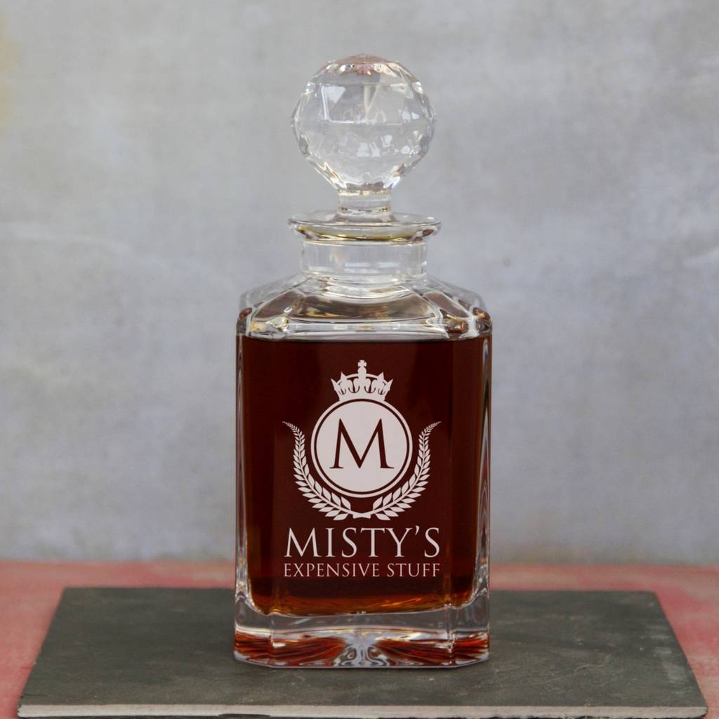 'expensive stuff' square crystal decanter by the glass yard