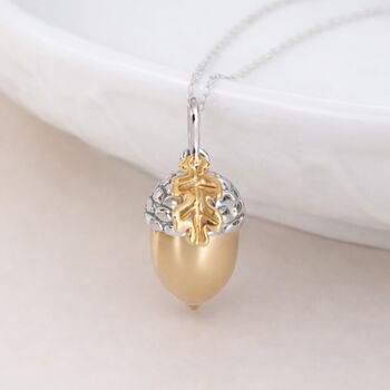 Personalised Sterling Silver And Gold Acorn Pendant Necklace With Leaf, 2 of 10