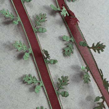 Red Acorn Ribbon With Green Leaves. Five Or 10 Meters, 4 of 6