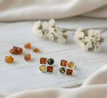 Geometric, Square Sterling Silver And Amber Stud Earrings, 2 of 3