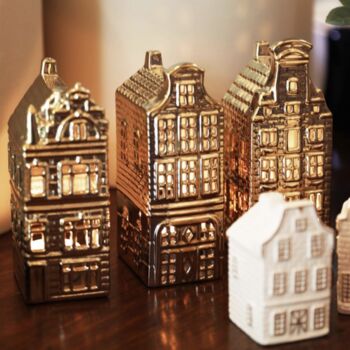 Three Gold Ceramic Tealight Dutch Houses, 4 of 5