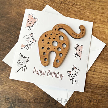 Birthday Card With Wooden Cat Knitting Needle Gauge, 2 of 7