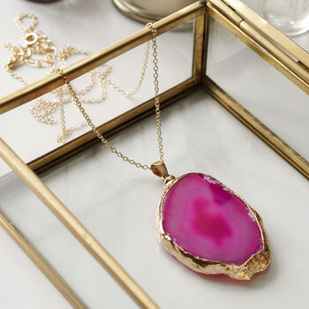 Gold Plate Pink Agate Crystal Long Length Necklace, 3 of 4