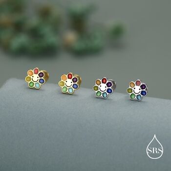 Sterling Silver Rainbow Flower 16 G Flat Back Earrings Internally Threaded, 2 of 11