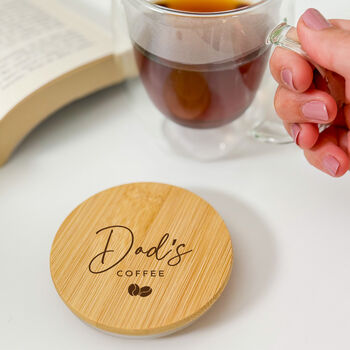 Dad’s Coffee Double Wall Glass Mug With Engraved Bamboo Lid, 3 of 5