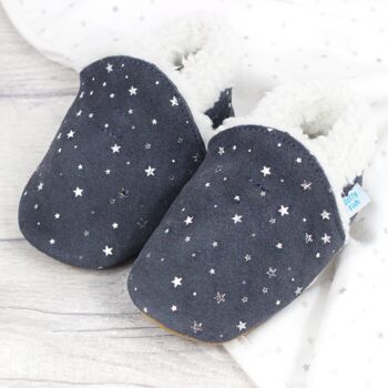 Dotty Fish Silver Stars Soft Suede Baby And Toddler Slippers With Fleece Lining, 5 of 9
