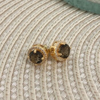 Round Smoky Quartz 18k Gold Plated Stud Earrings, 2 of 4