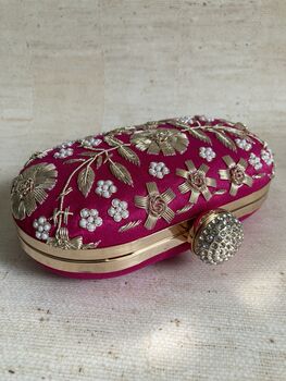 Hot Pink Raw Silk Oval Pearl Clutch Bag, 9 of 10