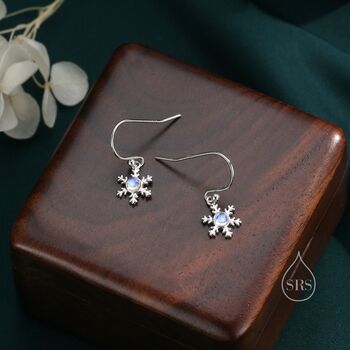 Sterling Silver Moonstone Snowflake Drop Hook Earrings, 4 of 10