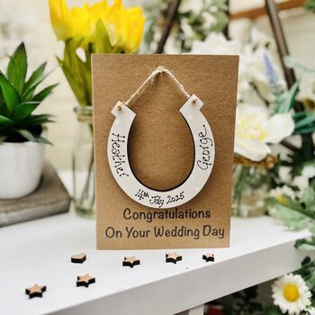 Personalised Wedding Card Wooden Horseshoe Keepsake, 5 of 5