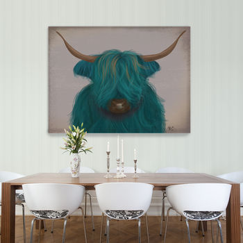Highland Cow In Turquoise, Art Print Framed Or Unframed, 3 of 9