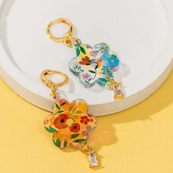 18 K Gold Plated Huggie Earrings With Iridescent Summer Flowers And A Hanging Gemstone, 4 of 9