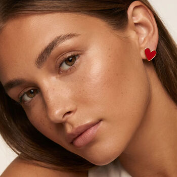 Gold Red Enamel Heart Stud Earrings, 3 of 6