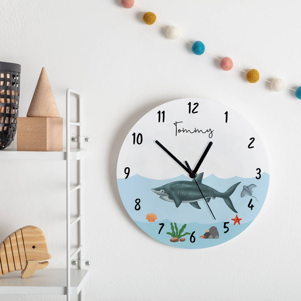 Shark Themed Personalised Bedroom Wall Clock, 1 of 2