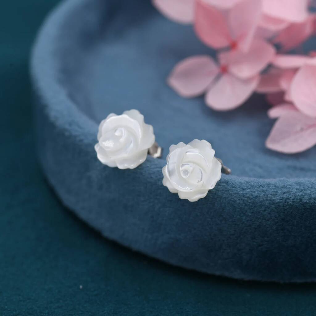 Hand Carved Mother Of Pearl Rose Flower Stud Earrings, 1 of 9
