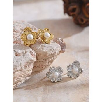 Monaco D’or Gold Pearl Daisy Flower Stud Gift Earrings, 3 of 5