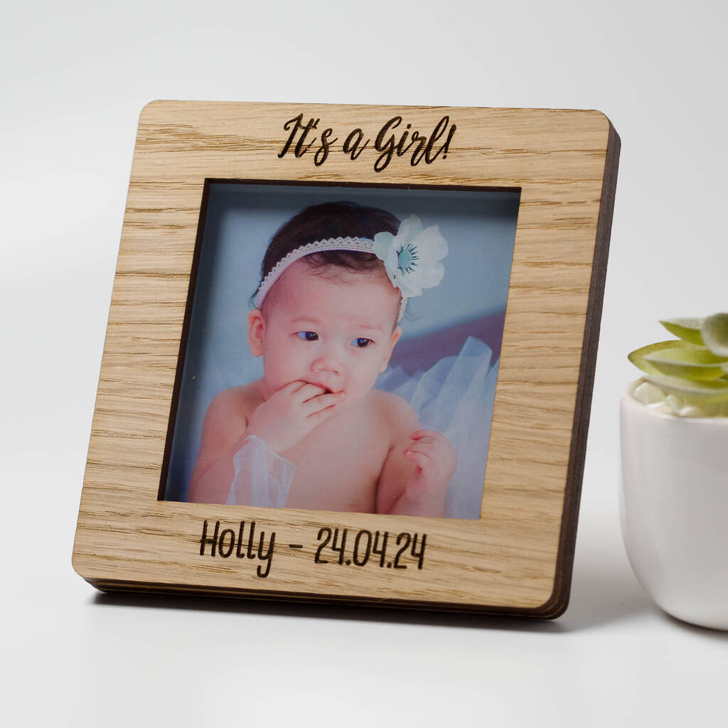 Personalised It's A Girl Solid Oak Photo Frame, 1 of 8