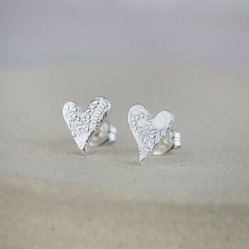 Sterling Silver Textured Tilted Heart Studs, 2 of 7