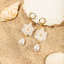 18 K Gold Plated Huggie Hoops With Teardrop Pearl, Flower, And Ivory Pearl Rhinestone Dangle Earrings, thumbnail 6 of 6