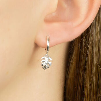 Sterling Silver Huggie Hoop Earrings With Tropical Palm Leaf Charms, 3 of 10