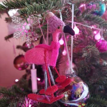 Handmade Felt Skiing Flamingo Christmas Decoration, 3 of 3