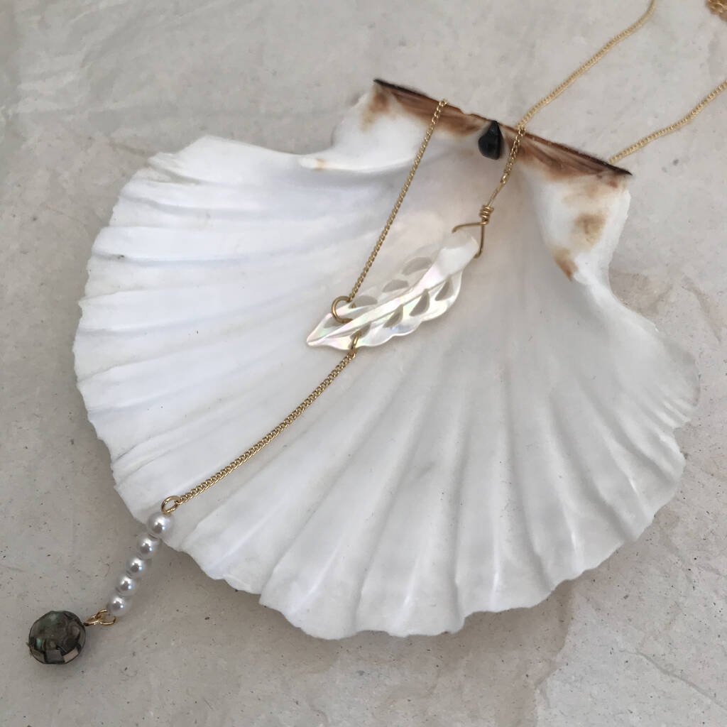 Mother Of Pearl Feather Lariat Necklace, 1 of 3